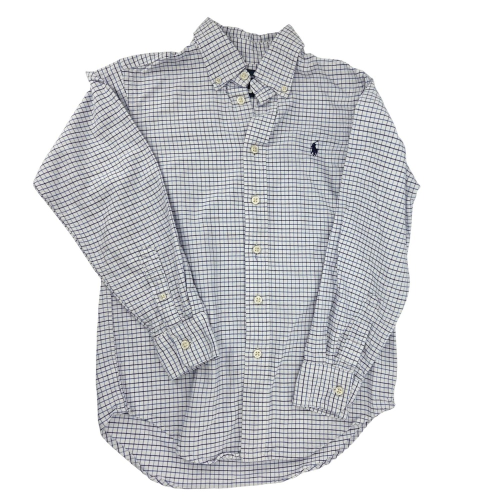 Ralph Lauren Button Down Shirt Boys‎ 10 White Blue Check Preppy Academic Classic
